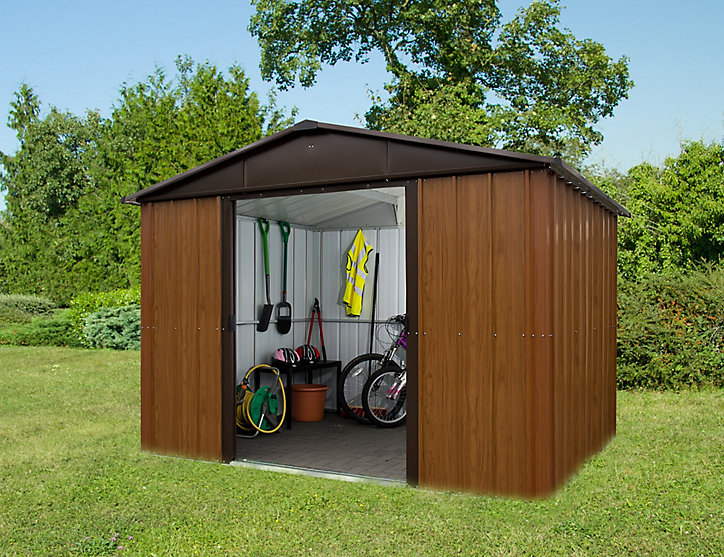 Abri de jardin Yardmaster WGY en métal coloris marron et imitation bois ép.0,3 mm surface extérieure 12 m²