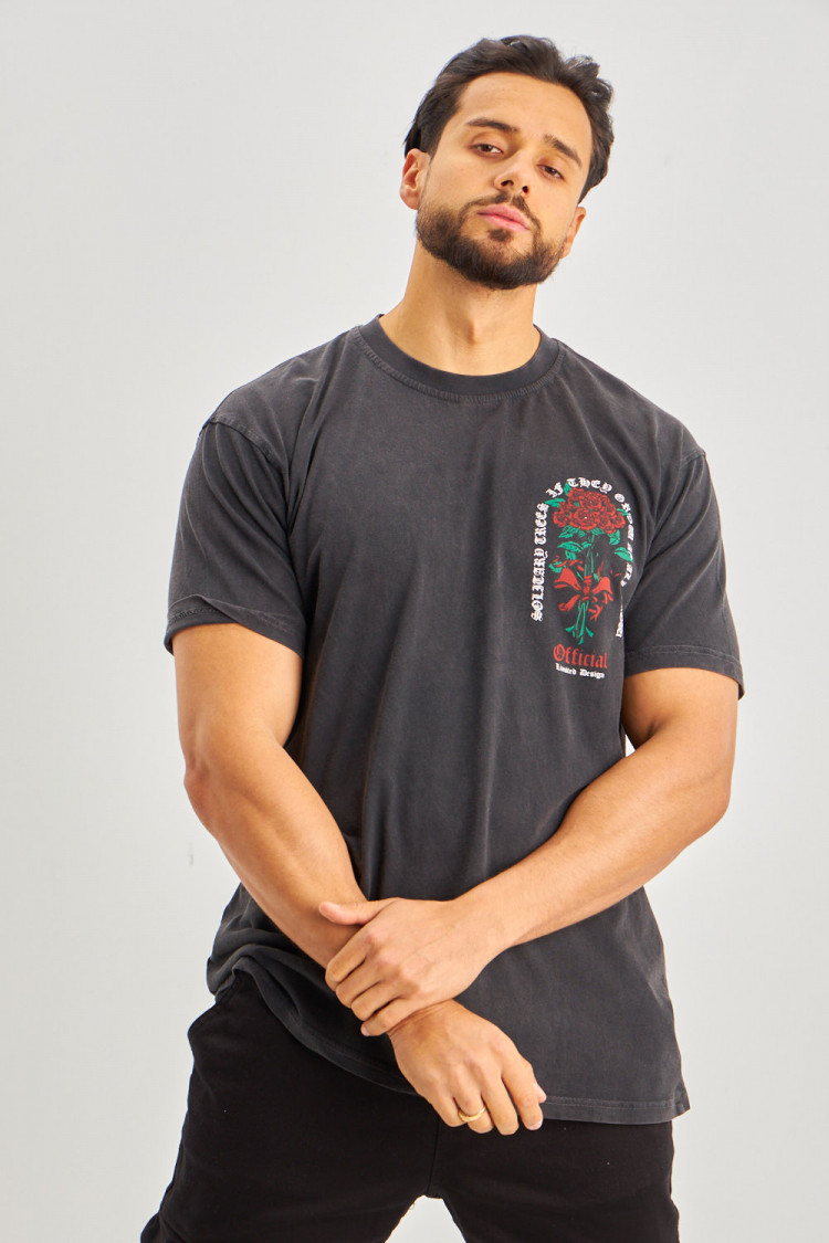 T-shirt noir bouquet de roses rouges