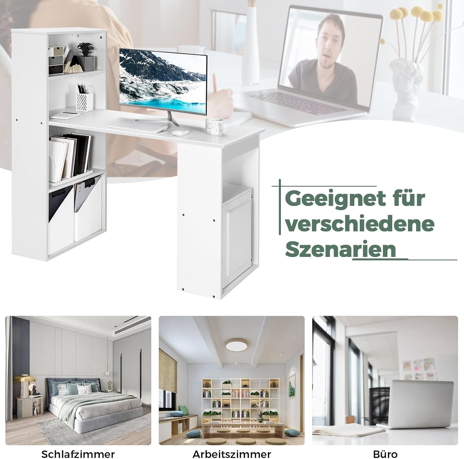 COSTWAY Schreibtisch mit Bücherregal, Computertisch mit 6 Regalen, PC-Tisch mit Regal rechts oder Links, Bürotisch, Arbeitstisch für Zuhause, Büro und Wohnheim, 122 x 56 x 122 cm, Weiß