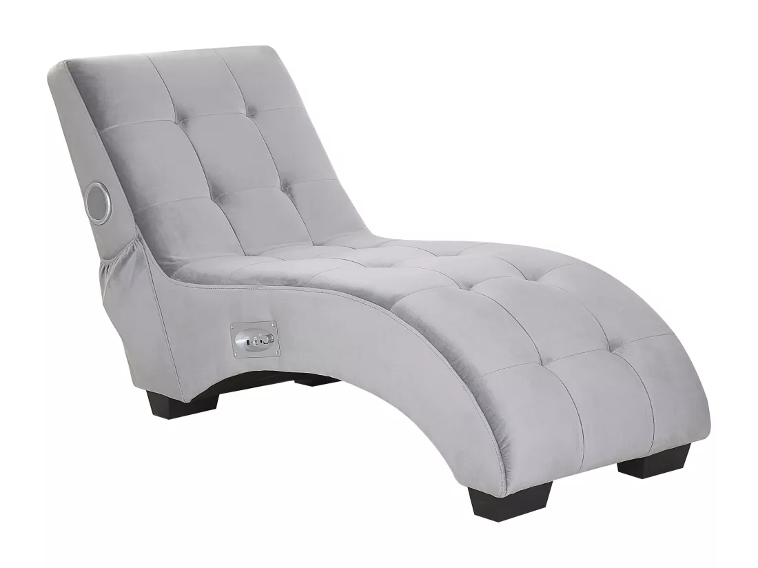 Chaise longue en velours gris clair avec haut parleur Bluetooth et port USB SIMORRE
