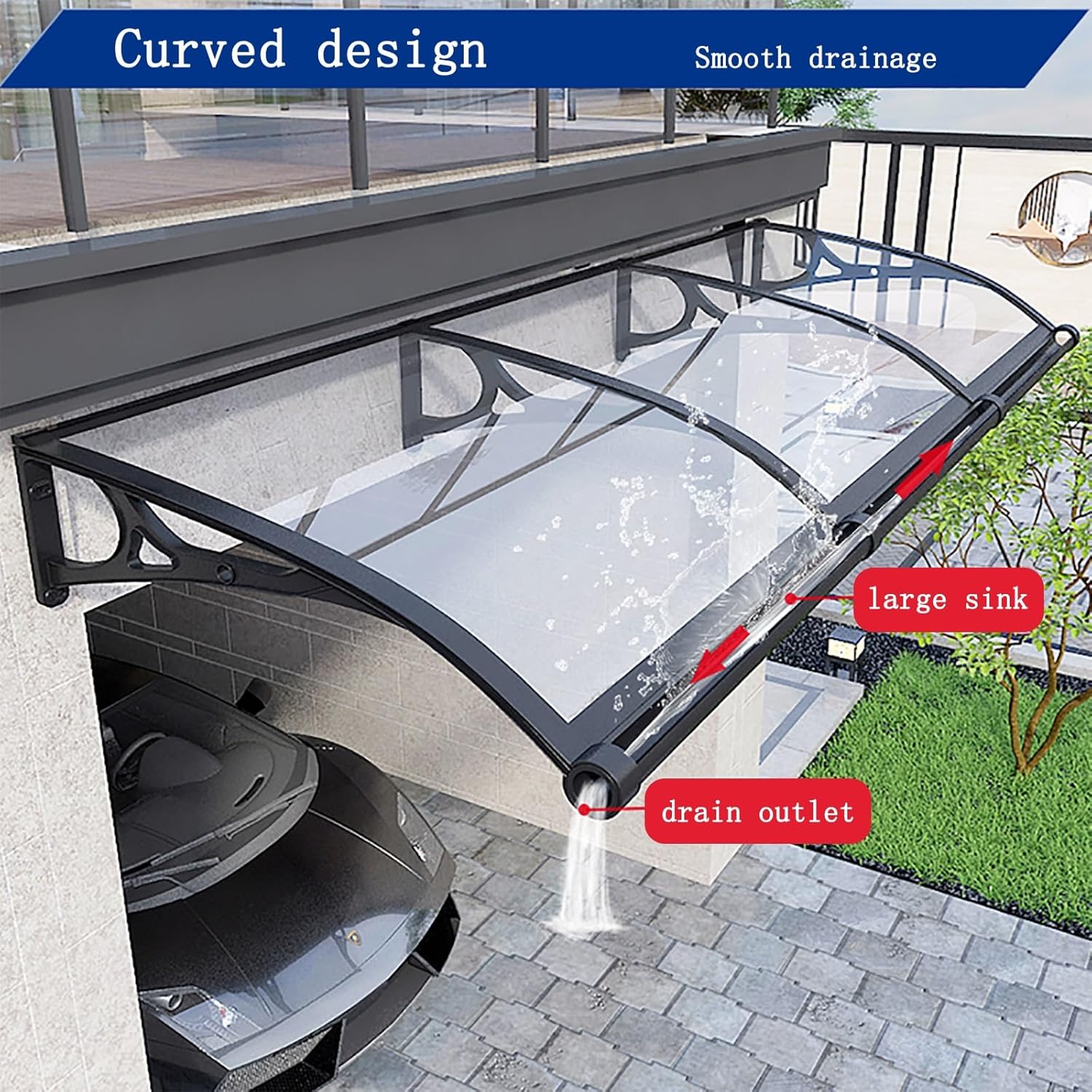 Türvordach für den Außenbereich, Aluminiumhalterung, Polycarbonat-Dach, Wetterschutz für Regen und Schnee, Eingangsmarkise für Veranden, Terrassen und Balkone (80 x 300 cm)