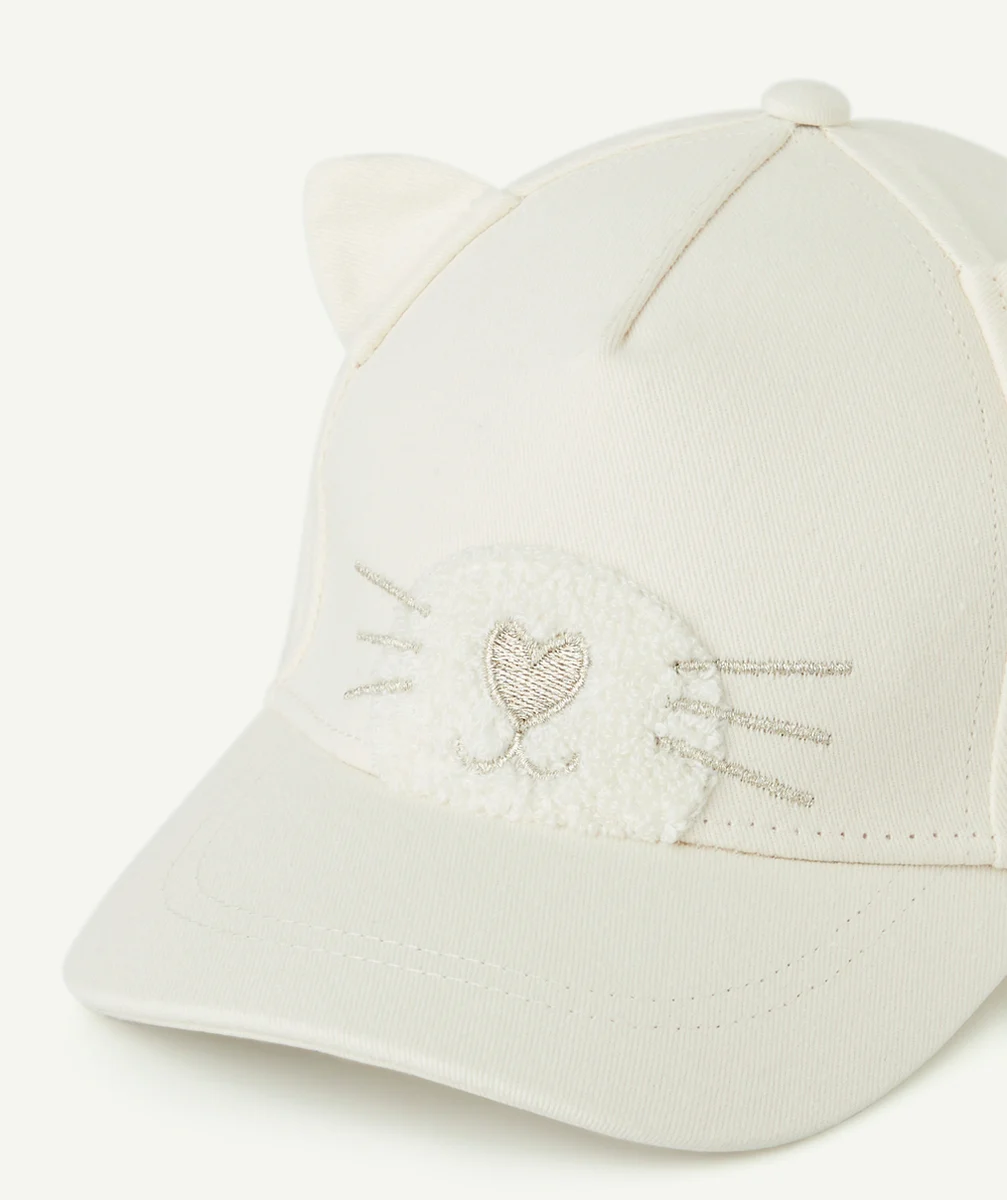 casquette bébé fille en coton écru avec oreilles et motif chat