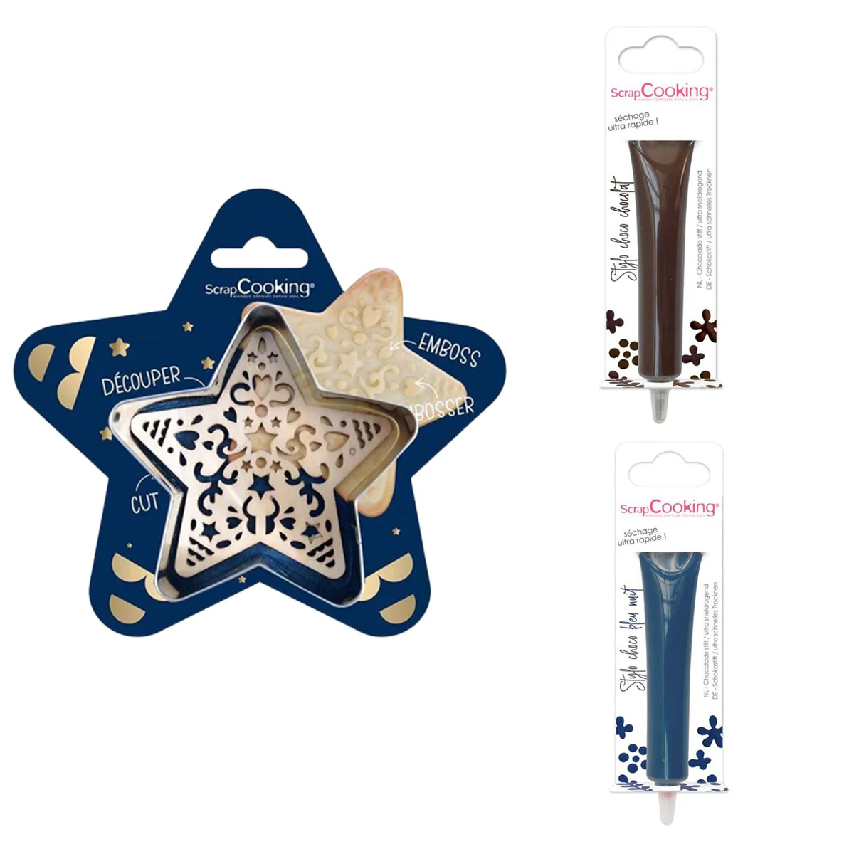 Kit pour biscuit en relief Étoile + 2 Stylos au chocolat marron et ble