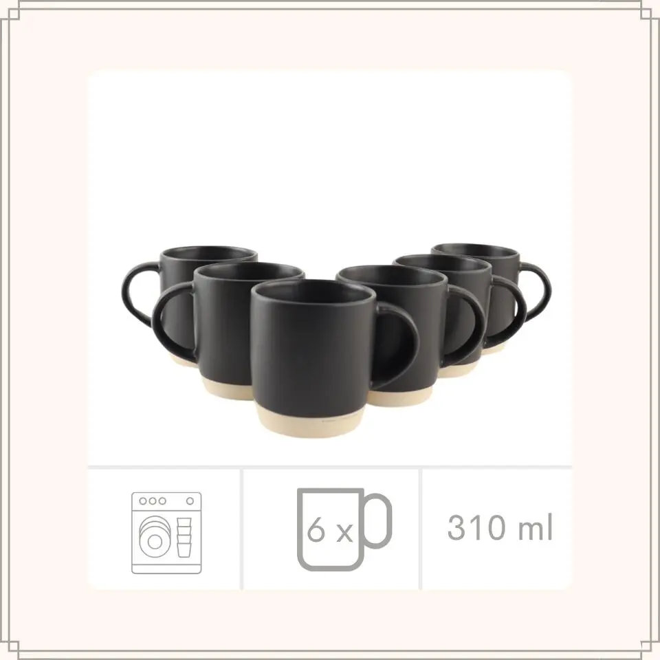 OTIX Koffiekopjes Theemokken Koffietassen Set van 6 Zwart 310 ml Aardewerk