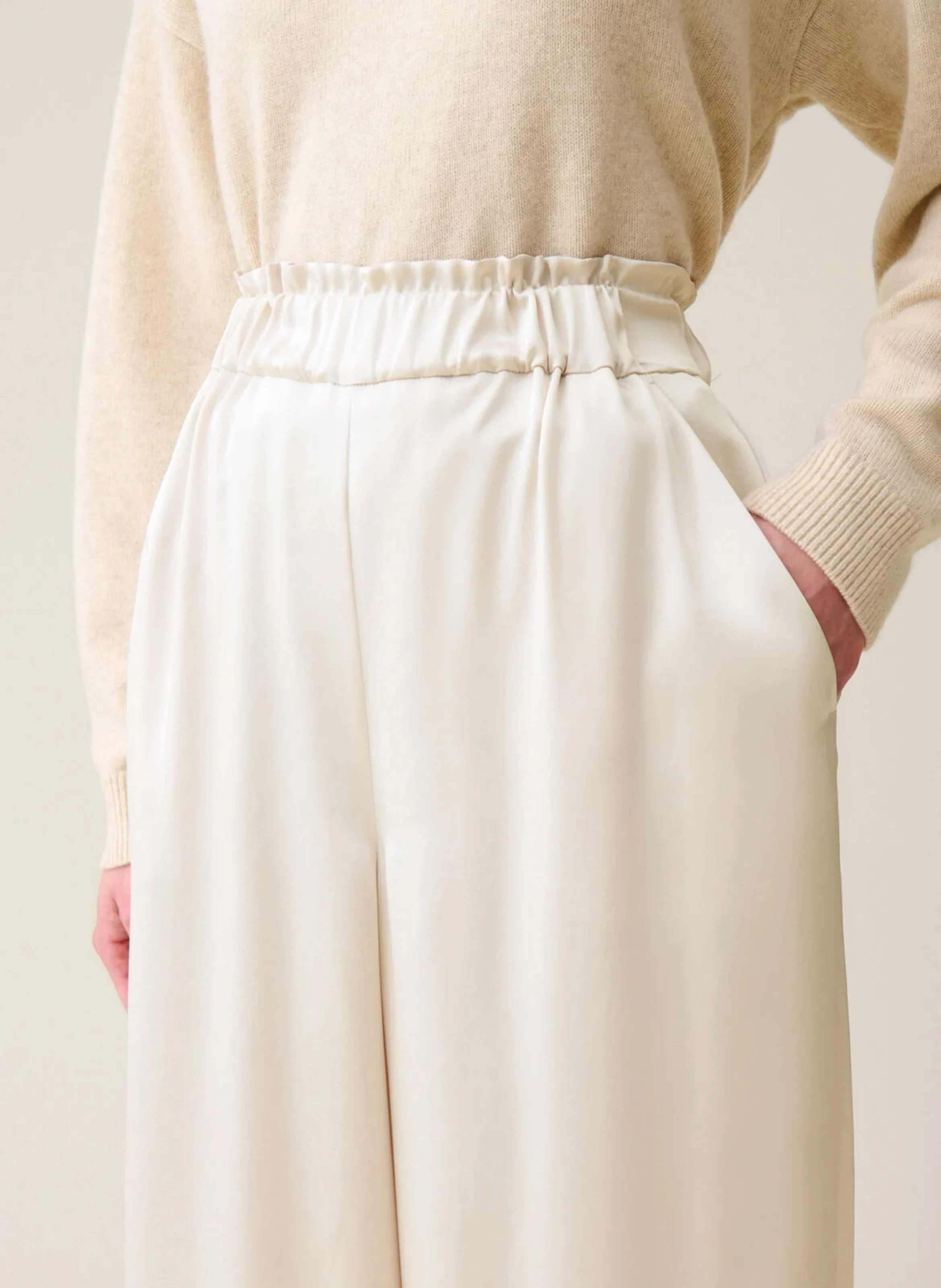 Pantalon large taille haute satiné | Beige