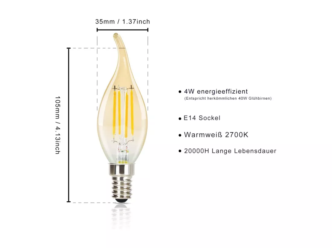 NETTLIFE Lot de 6 ampoules LED E14 bougies blanc chaud 4W 2700K filament rétro Edison, style vintage, économie d'énergie en verre - non dimmable