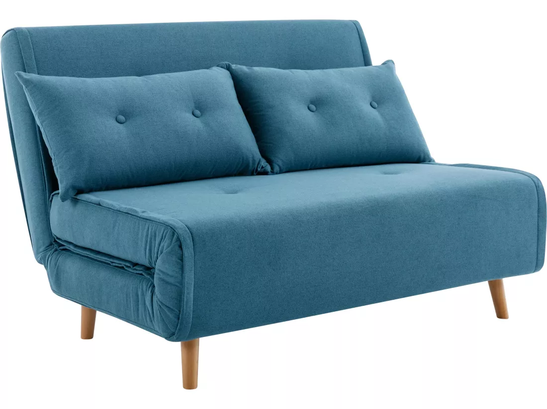 Canapé 2 places convertible en tissu bleu URIBIA