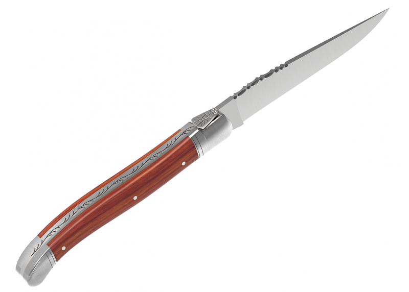 Couteau Laguiole avec un manche en bois de rose et 2 mitres en acier inoxydable