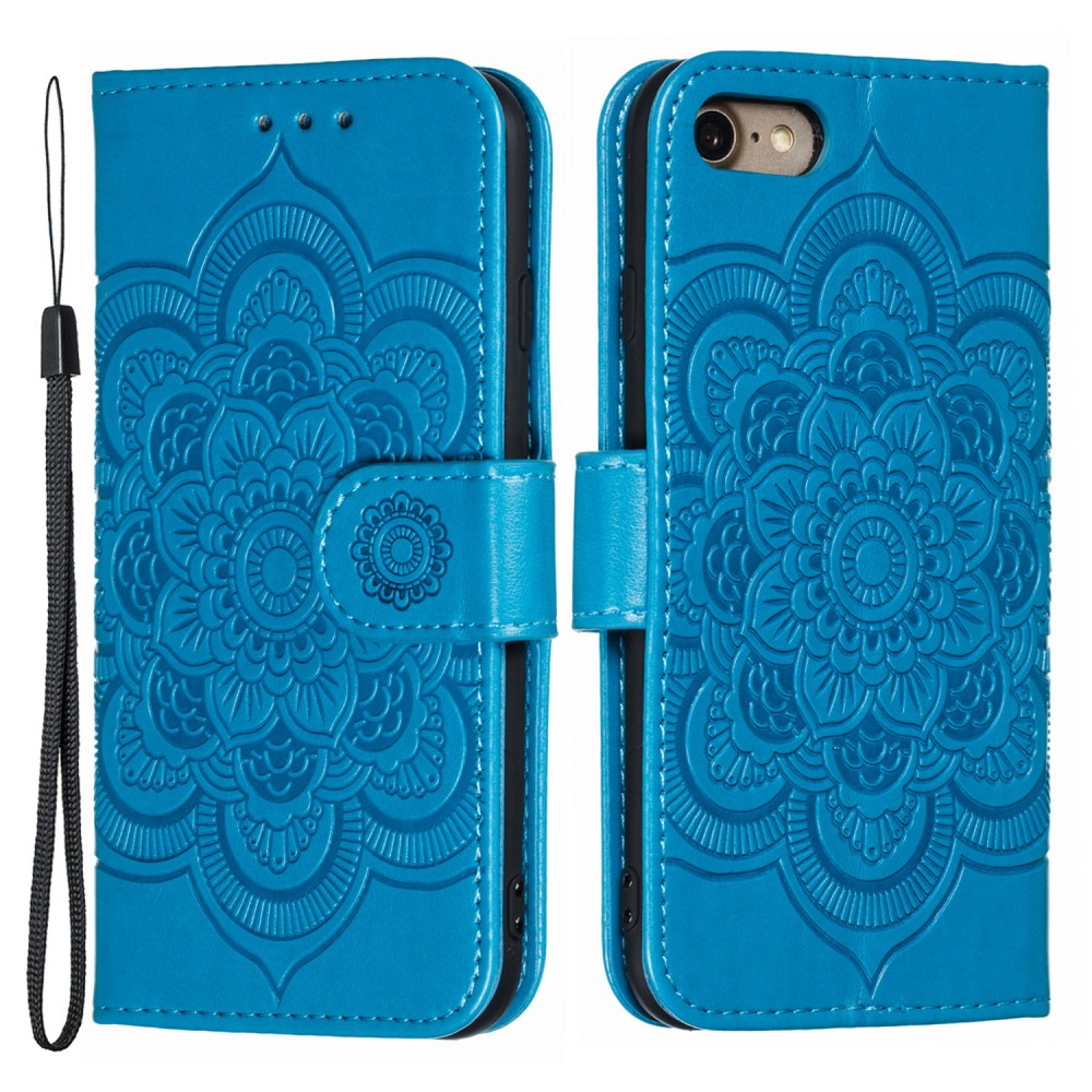 iPhone SE (2022/2020) / 8 / 7 Leder Tasche Wallet - Mandala Flowers Imprint in Blau