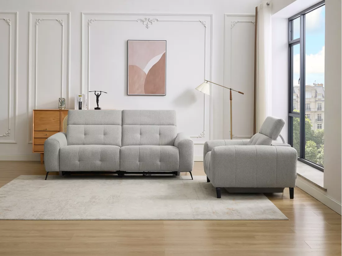 Canapé 3 places et fauteuil relax électrique en tissu gris CLODI