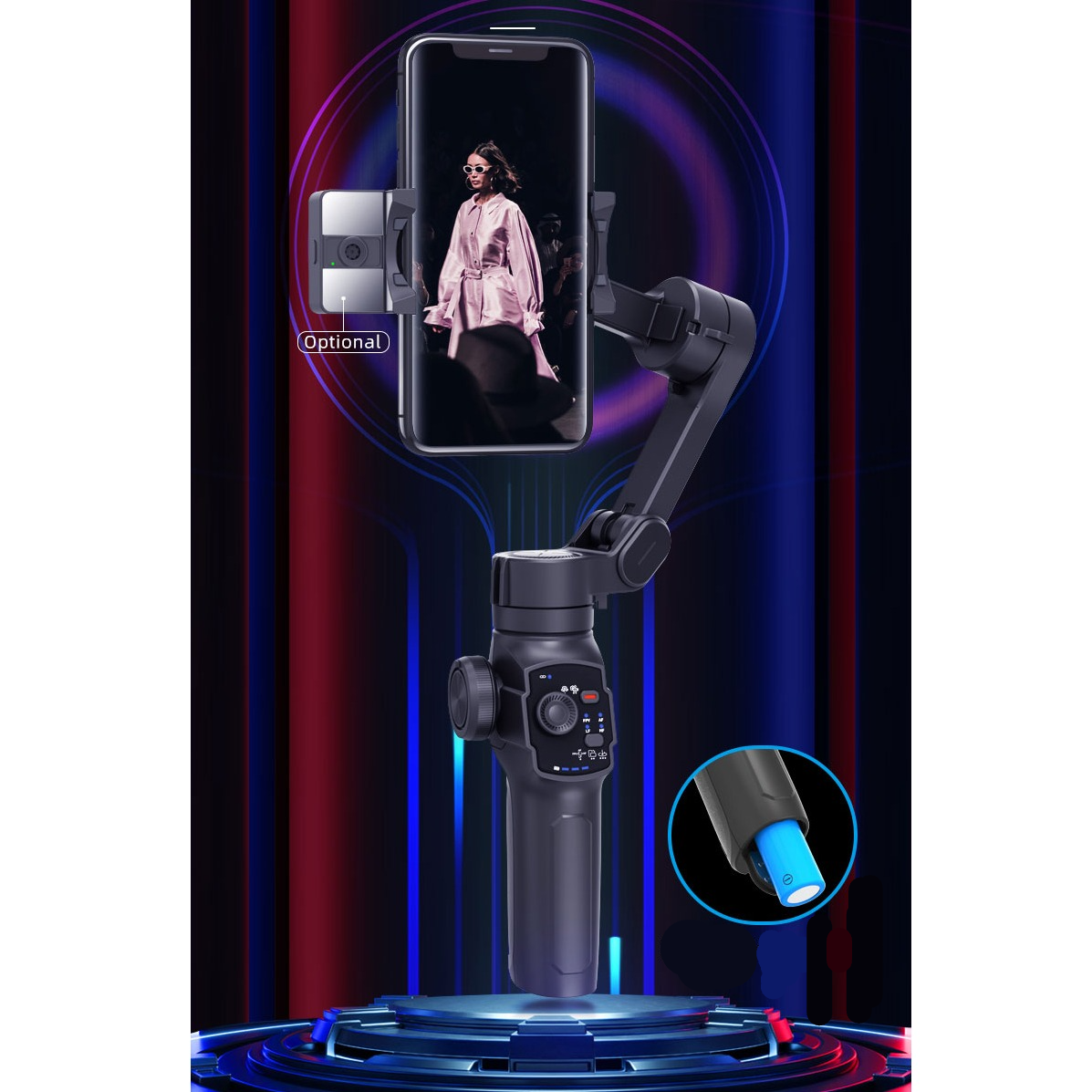 Faltbare Gimbal 3-Achsen Stabilisator Stativ Halterung mit Tripod / Verlängerungsarm bis 17cm für Smartphones - Schwarz
