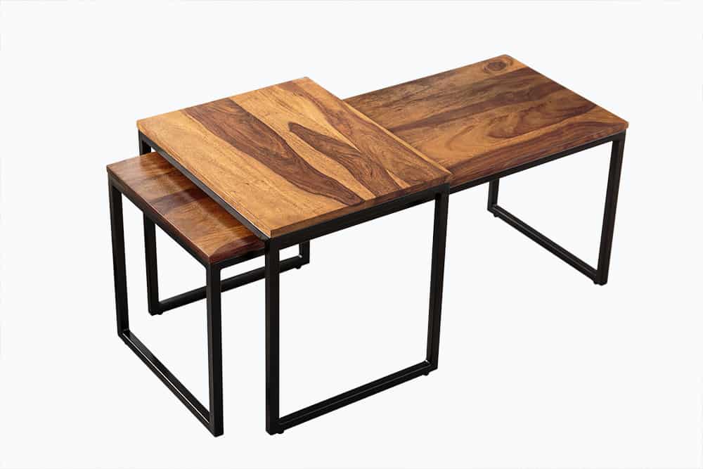2er Set Design Couchtisch ELEMENTS 100cm Sheesham Massivholz stone finish Metallgestell
