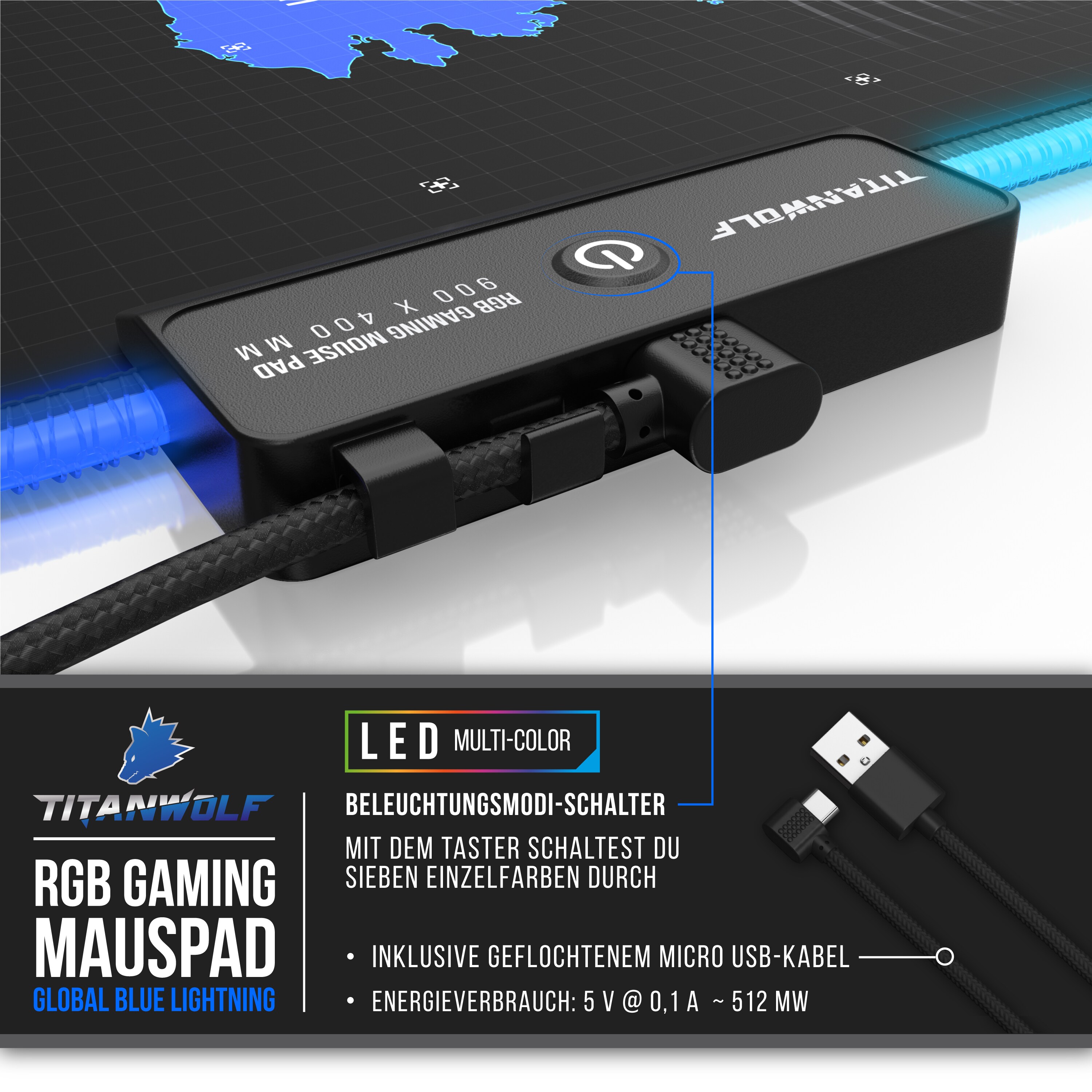 Titanwolf RGB Gaming Mauspad, Mousepad 900 x 400 mm, verbessert Präzision & Geschwindigkeit, Weltkarte blau