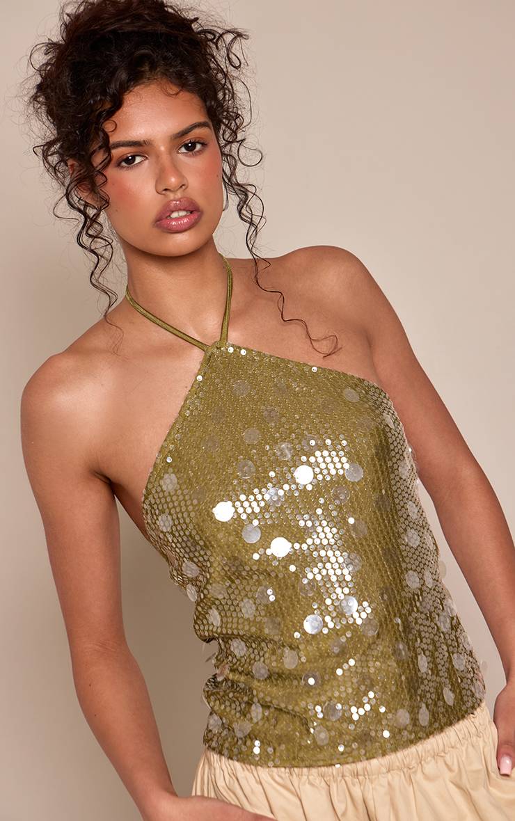 Vert Haut Dos Nu À Sequins Disques Et Col Licou