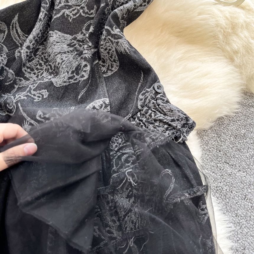 Lucuna - Asymmetrische mouwloze, een-schouder, gebloemde, gelaagde, geplooide, knoopsluiting, mesh mini-A-lijn denimjurk