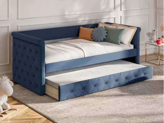 Lit banquette gigogne LOUISE - 2x90x190cm - Tissu bleu + matelas
