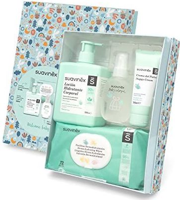 Suavinex Cosmetische mand voor pasgeborenen met wikkelcrème, 75 ml, vochtinbrengende lotion 500 ml, baby cologne 100 ml en 72 stuks