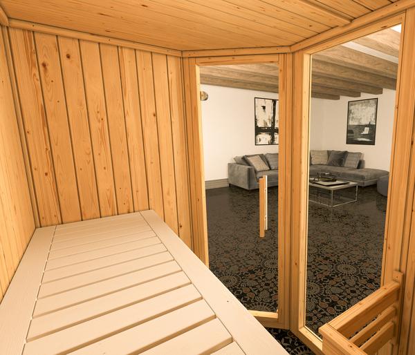 Weka Ecksauna Varberg mit Glastür und Fenster