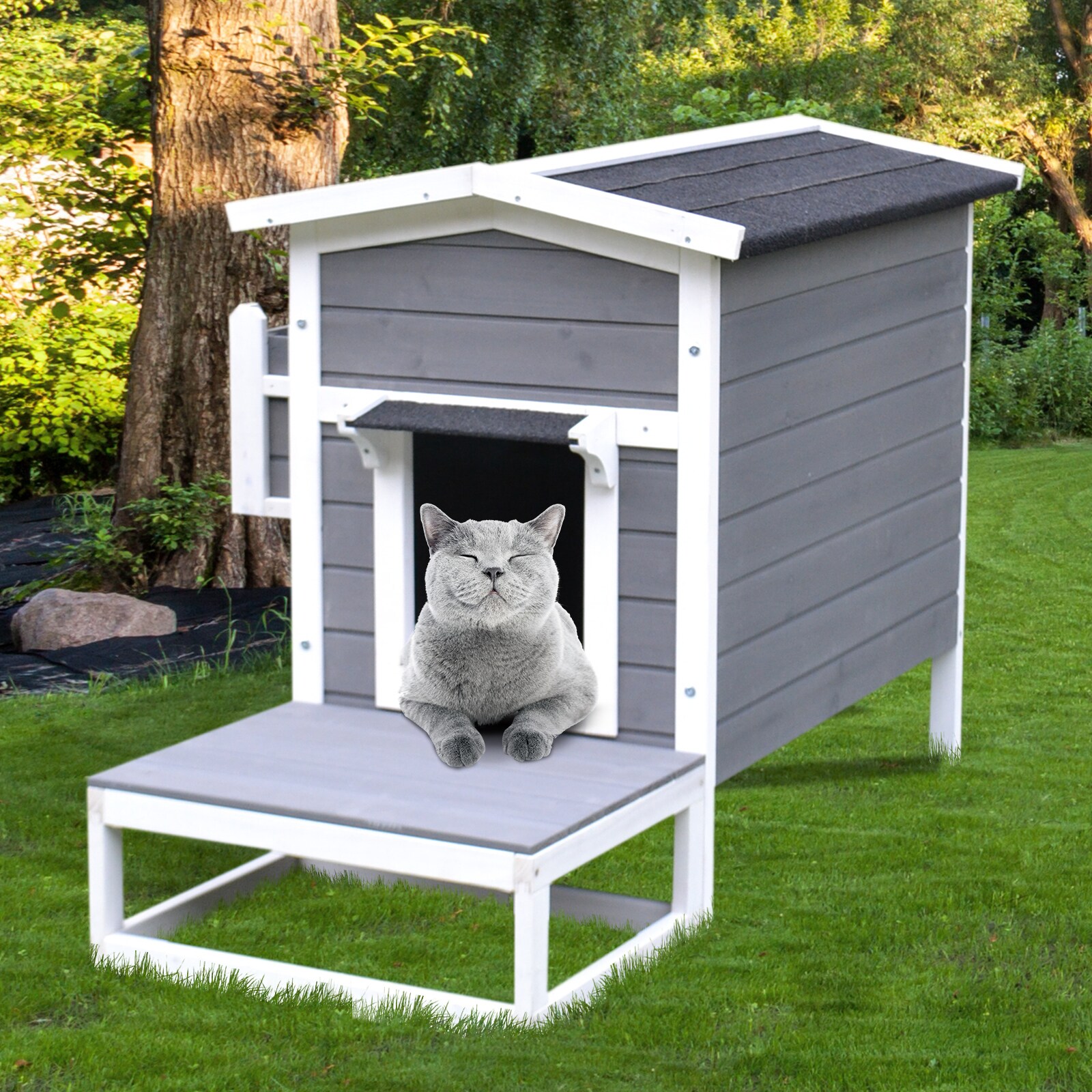 PawHut Katzenhaus mit Terrasse und Balkon grau, weiß 115 x 66,5 x 74,7 cm (LxBxH)