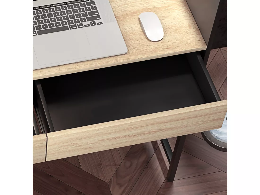 Bureau secrétaire style industriel - 2 tiroirs, étagère - métal noir aspect chêne clair