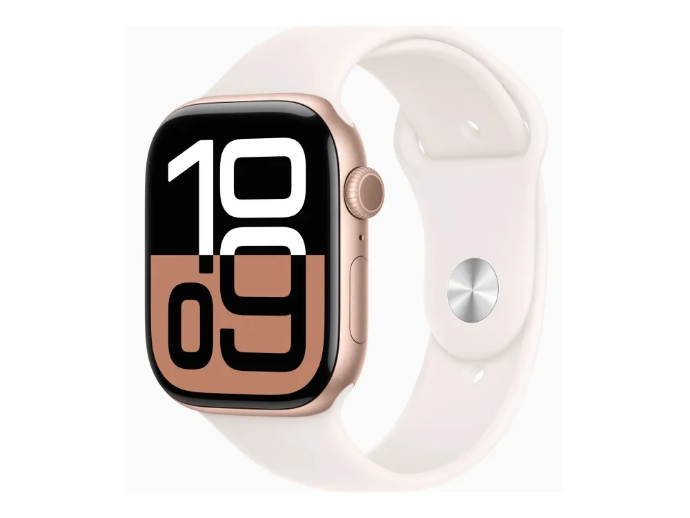 Apple Watch Series 10 (GPS) - 42 mm - roseguldaluminium - smart ur med sportsbånd - fluoroelastomer - lyserød - båndstørrelse: M/L - 64 GB - Wi-Fi 4, UWB, Bluetooth - 30 g