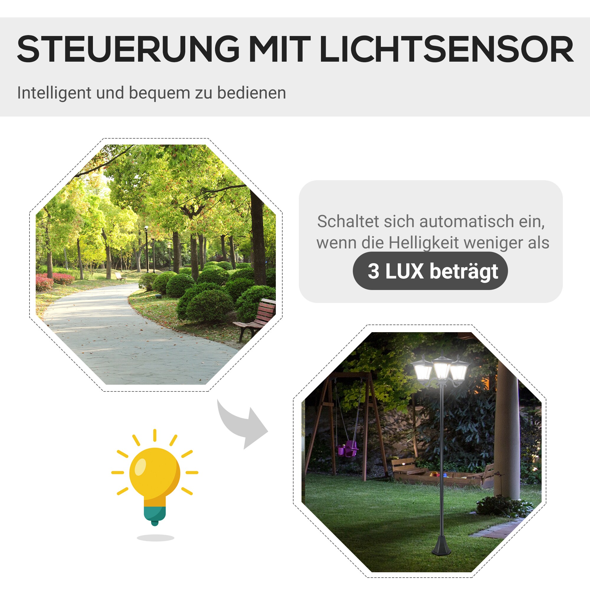 Outsunny Solar Gartenleuchte mit 3 Lampen schwarz 51,5L x 47B x 182,5H cm