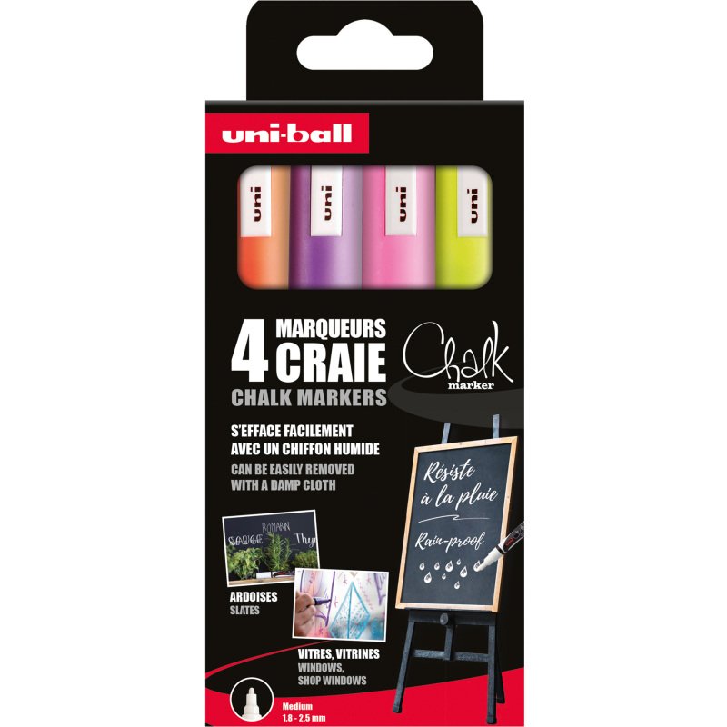 Marqueur craie effaçable Uni-Ball Chalk pointe ogive de 1,8 à 2,5 mm- Pochette de 4 couleurs fun assorties
