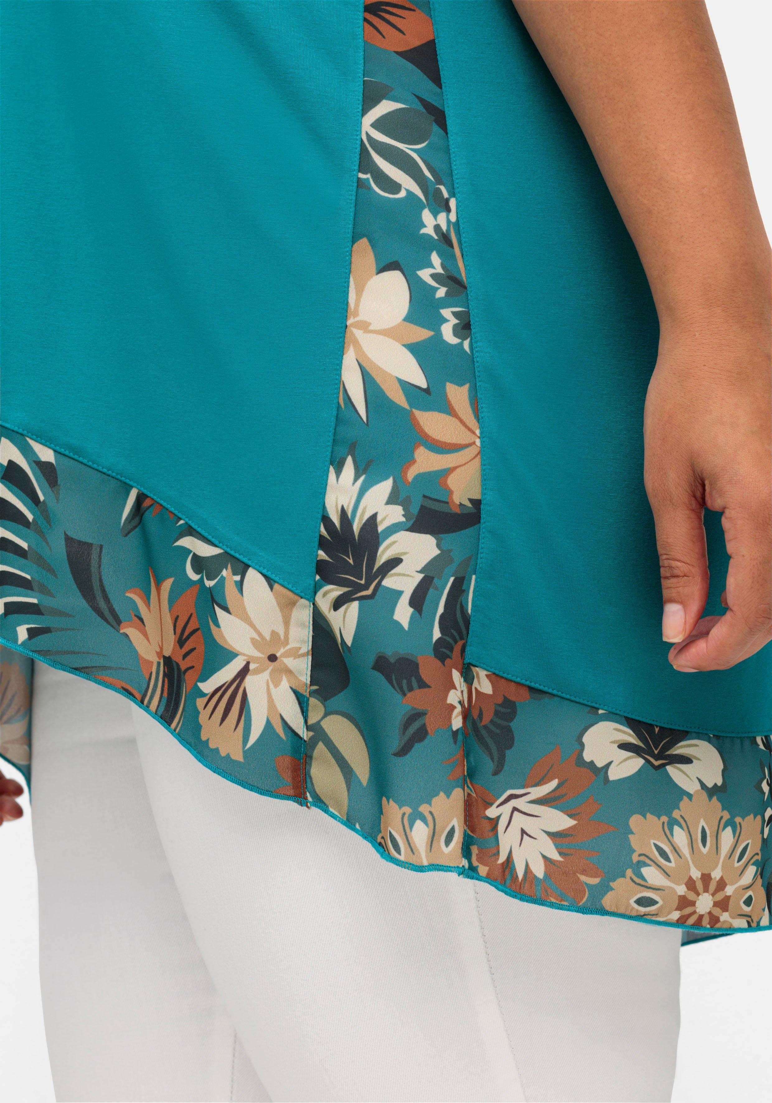 Longshirt mit floral bedruckten Crêpe- Einsätzen