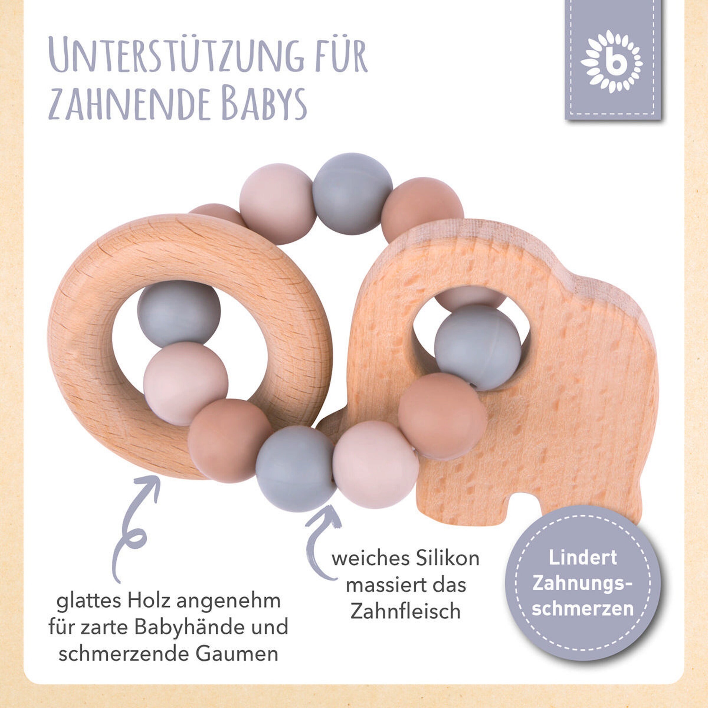 Bieco Greifling Holz Natur mit Silikon Elefant - ab Geburt Beige