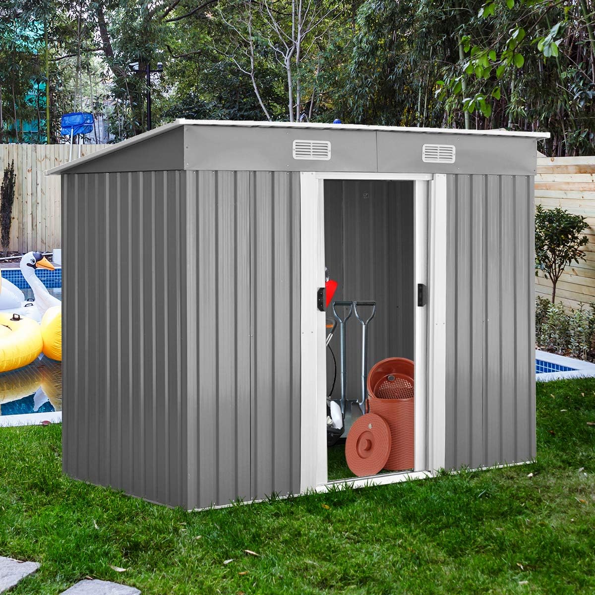 COSTWAY Gerätehaus Metall, Gartenhaus mit 2 Schiebetüren, Geräteschuppen Outdoor, Garten Schuppen mit Pultdach, Gartengerätehaus Geräteschrank, 238x131x181cm, Grau