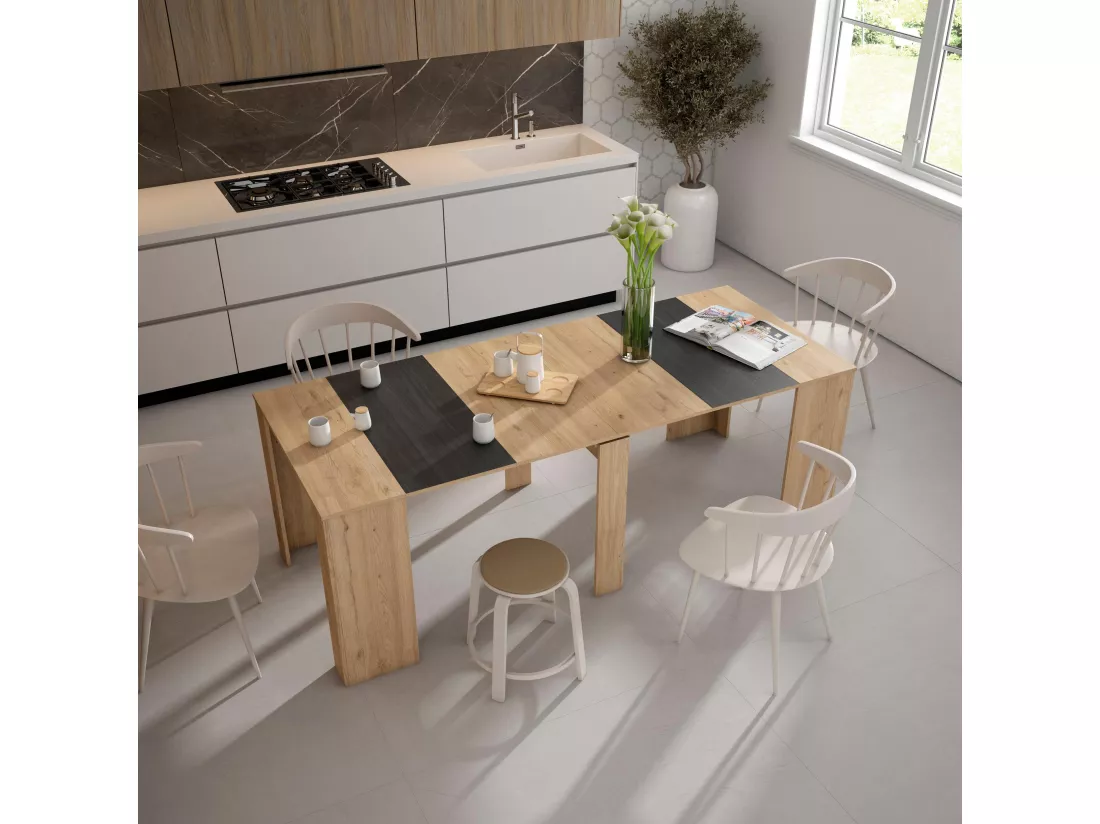 Table console extensible, 220, Pour 10 personnes, Table à Manger, Chêne et noir