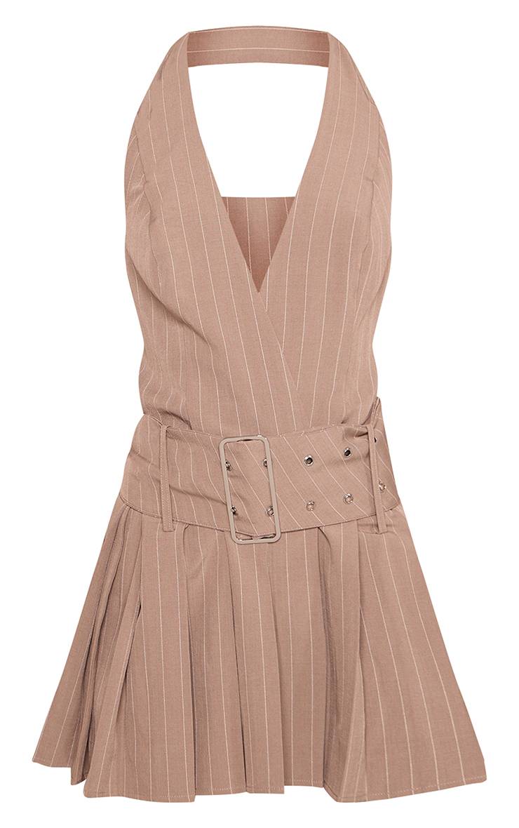 Taupe Robe Droite Ceinturée À Fines Rayures Et Encolure Dos-nu