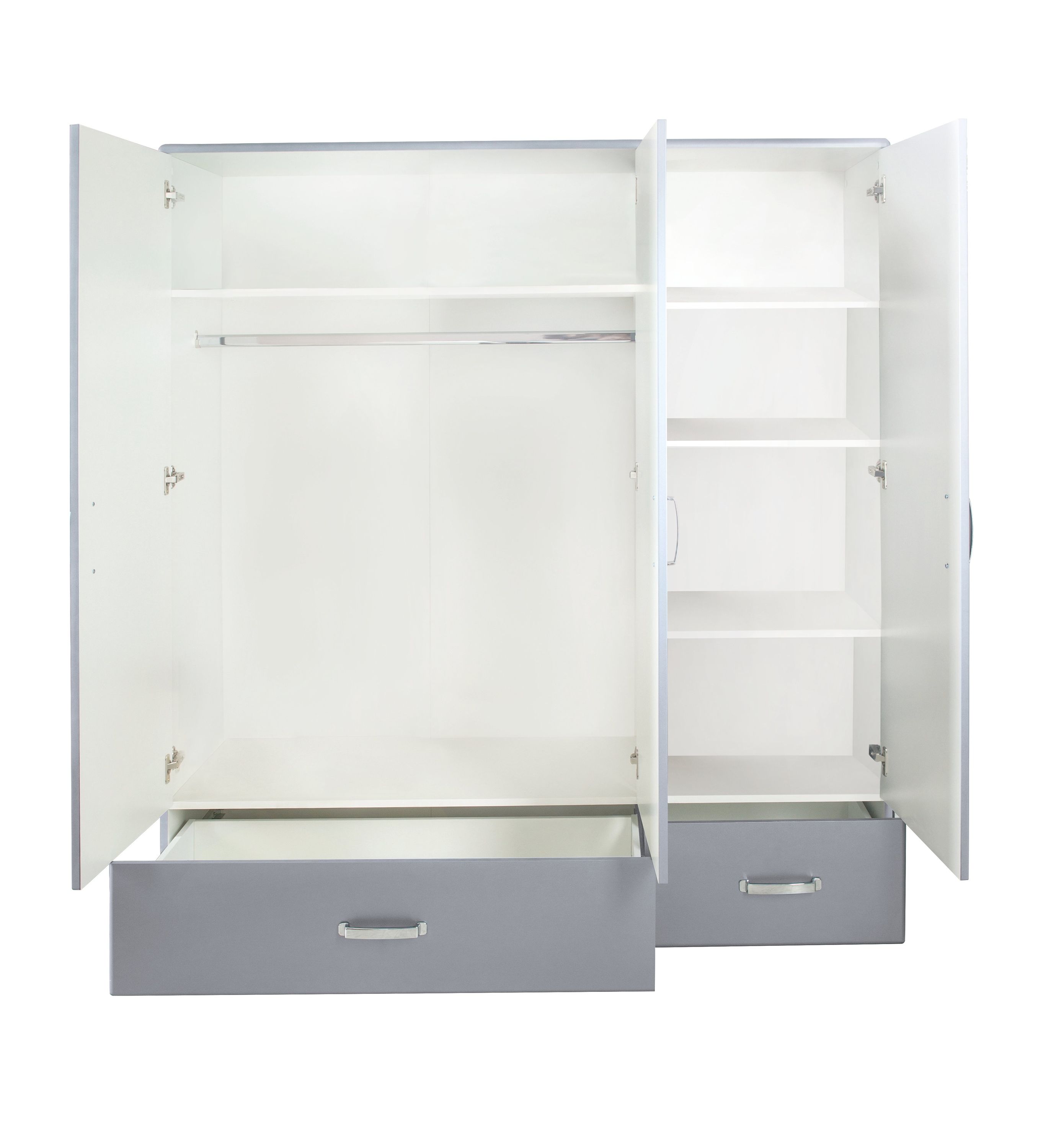 Miami - Kleiderschrank 3türig mit 2 Schubladen, inkl Kleiderstange und 4 Böden, Soft-Close, Autometallic Lackierung, chromfarbene Griffe, Füsse und Logo aus hochwertigem Autoschriftzug, grau