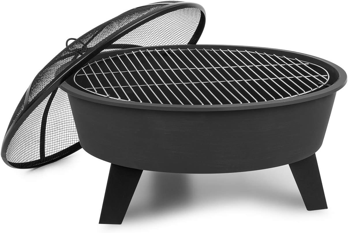Blumfeldt 2-in-1 Feuerschale - Feuerschale für den Garten mit Edelstahl-Grillrost, Feuerschalen FireView Concept, Funkenschutz, Trageringe, Schürhaken & Grillrost, Stil: Nolana, schwarz
