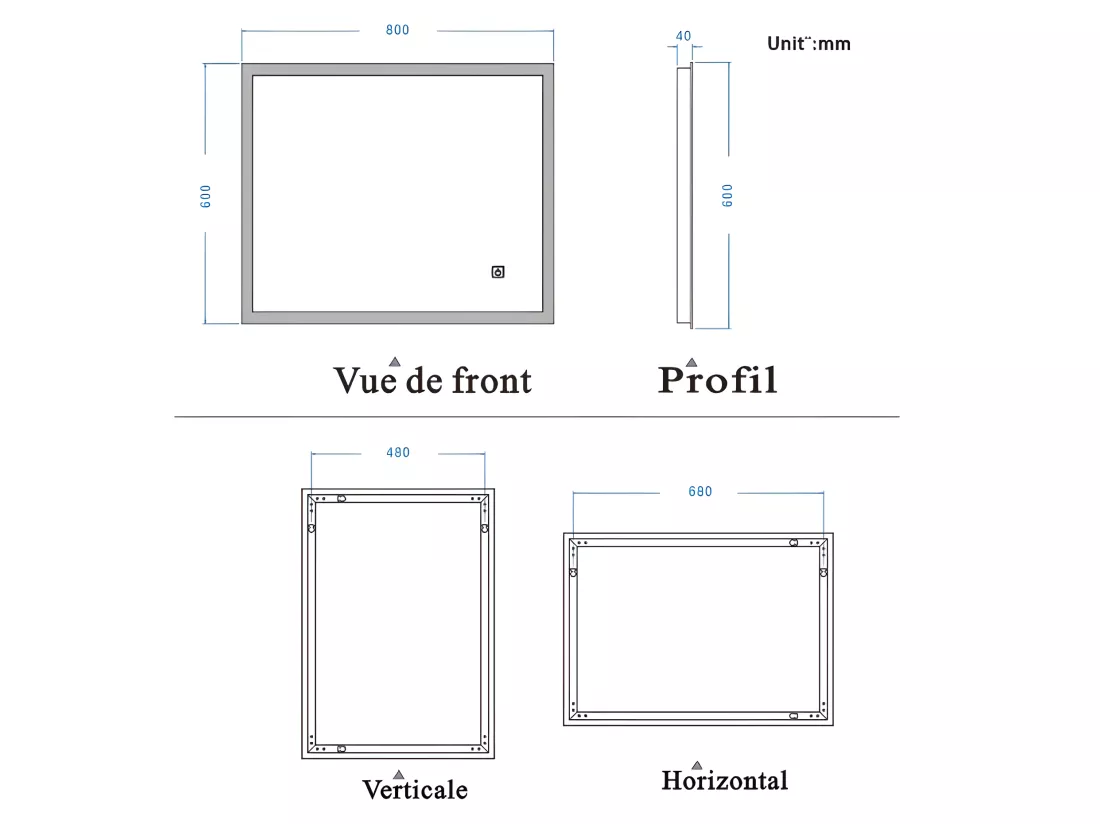 Miroir Lumineux LED Miroir de Salle de Bain Anti-buée Vertical/Horizontal 80 * 60cm Aica