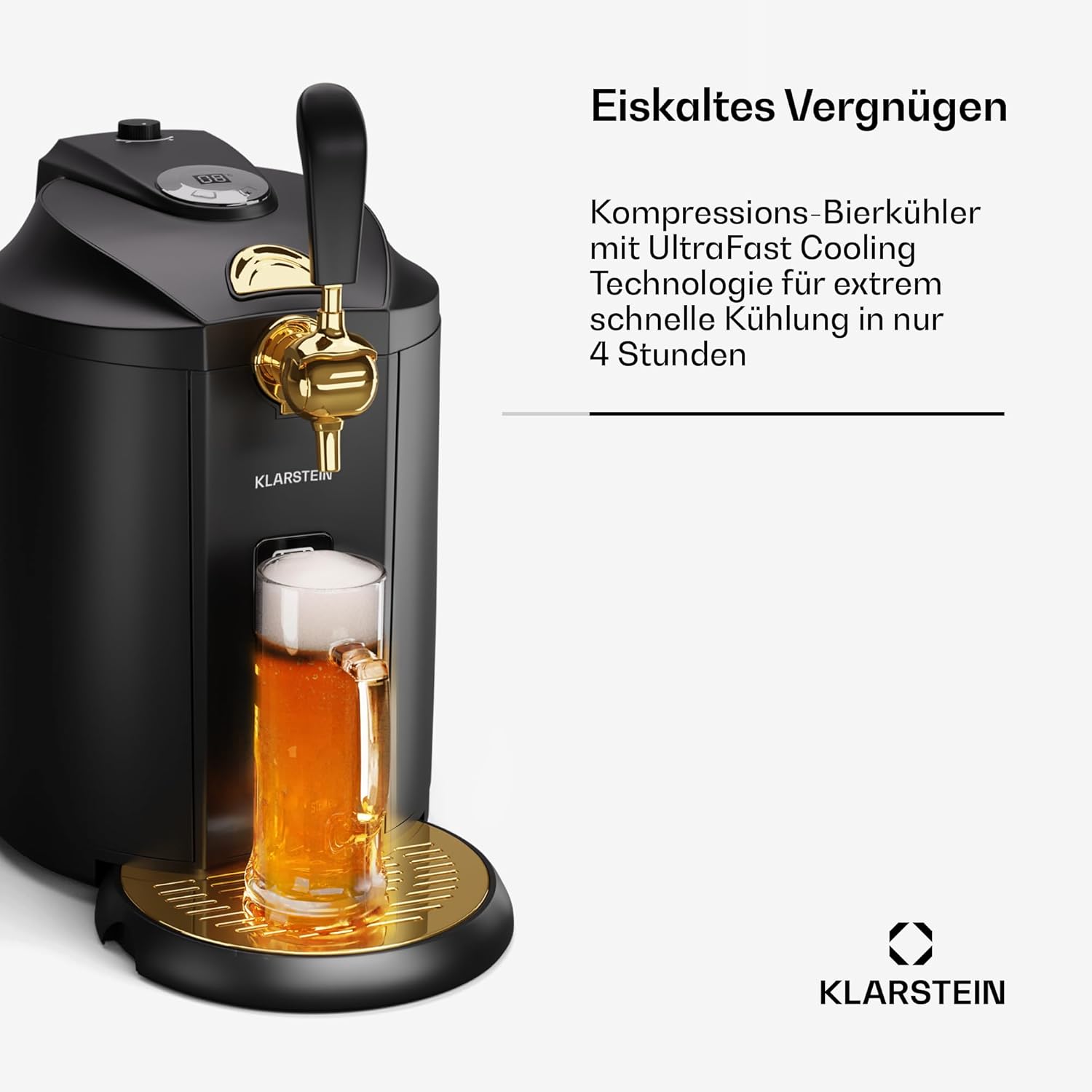 Klarstein Zapfanlage mit Kühlung - Bierzapfanlage 5L Fass, UltraFast Cooling, Einstellbare Temperatur, CO2-Kartuschensystem, LCD-Anzeige, Schwarz-Gold
