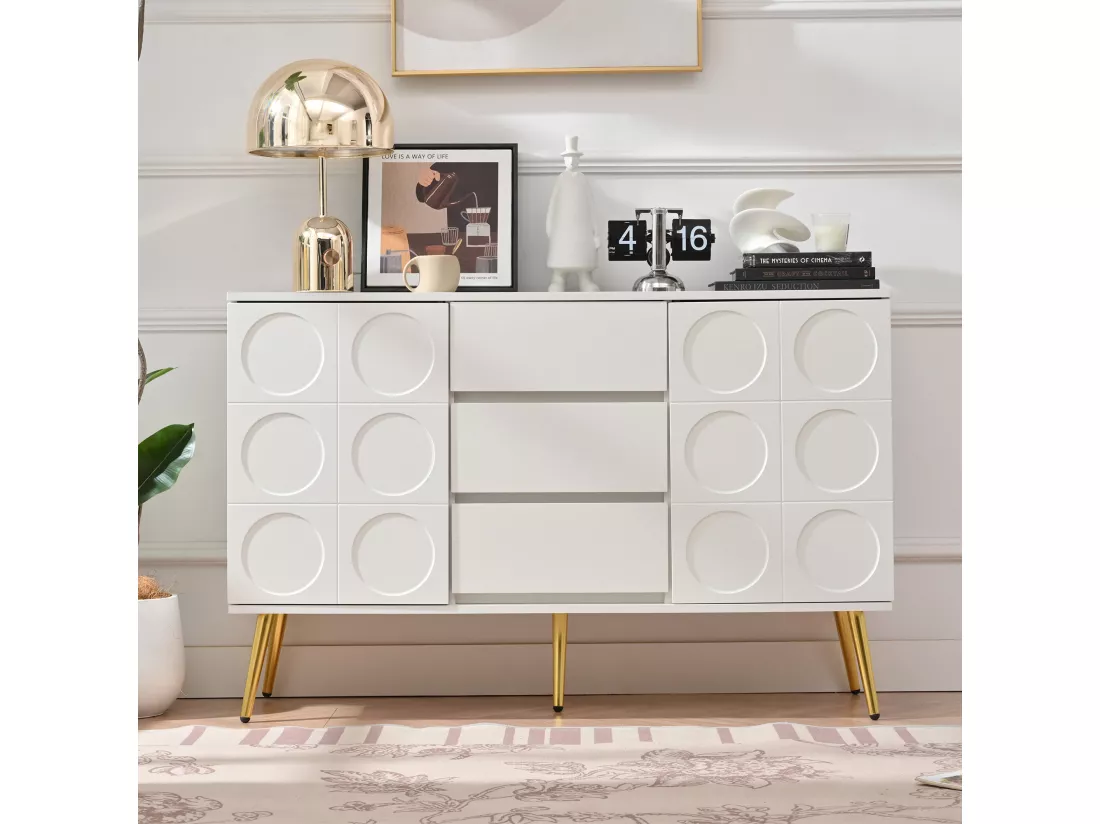 Buffet bas avec 3 tiroirs et 2 portes - 120 x 40 x 78 cm - Etagères réglables - Panneaux de particules - pour salon - Blanc