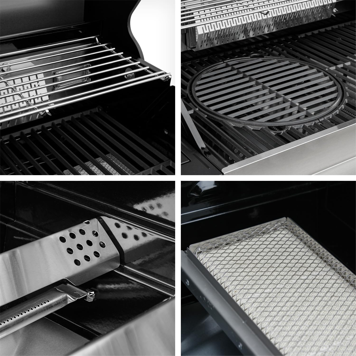 Gasgrill Hektor 4B-S inkl. Drehspieß und Abdeckhaube mit 4 Brennern, Sear-Brenner, Gusseisen-Grillrost, Heckbrenner, Seitenkocher, Sichtfenster und Thermometer für Garten und Terrasse