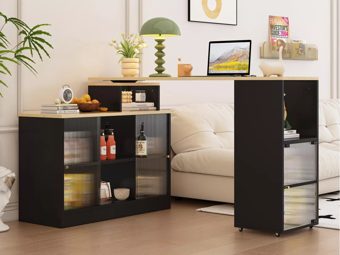Meuble de bar pivotant et escamotable、Buffet multifonctionnel - grand espace de rangement - Noir