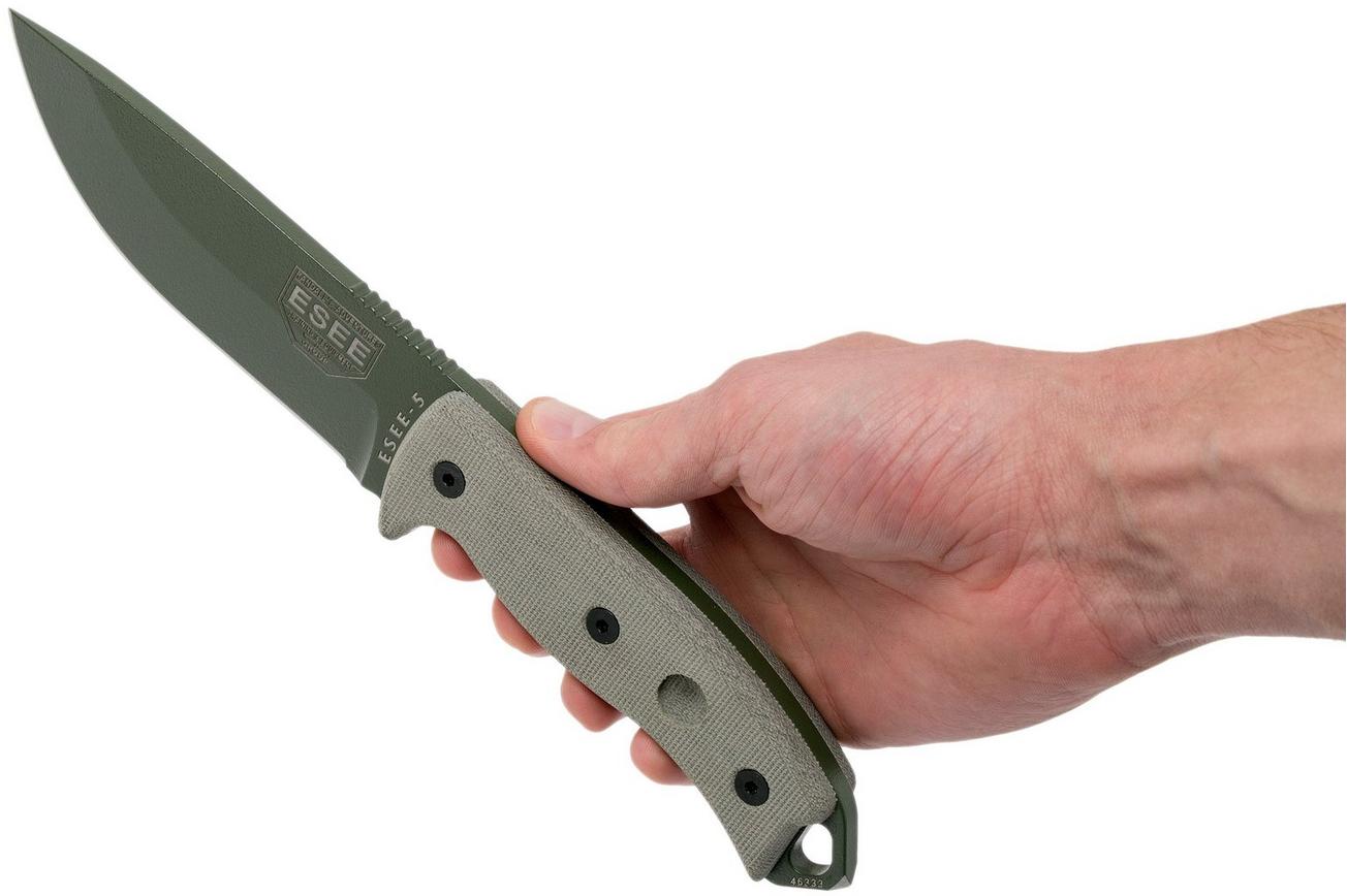 ESEE Model 5 OD blade, desert tan handle 5P-OD met kydex schede   riemclip