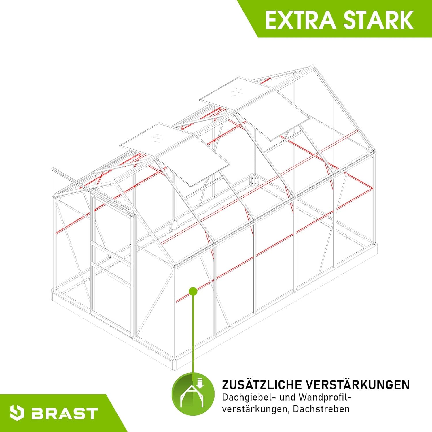 BRAST Gewächshaus Aluminium mit Fundament | 42 Modelle | 130x190x195cm - 490x250x235cm | TÜV geprüft | 6mm Hohlkammerplatten | rostfrei wetterfest temperaturbeständig | 310x190x195cm Grün