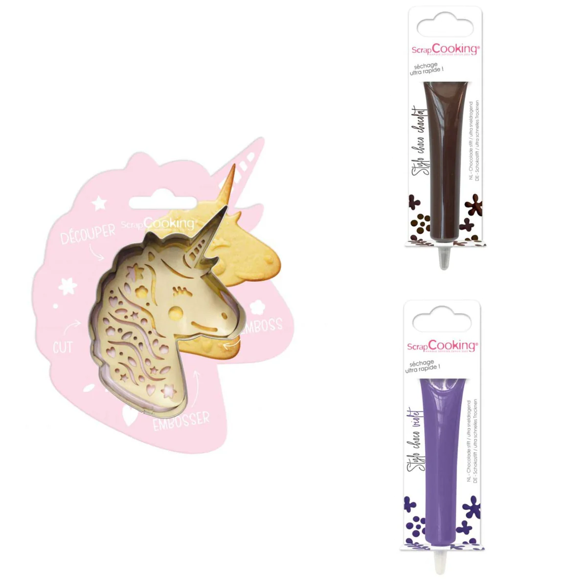 Kit pour biscuit en relief Licorne + 2 Stylos au chocolat marron et vi
