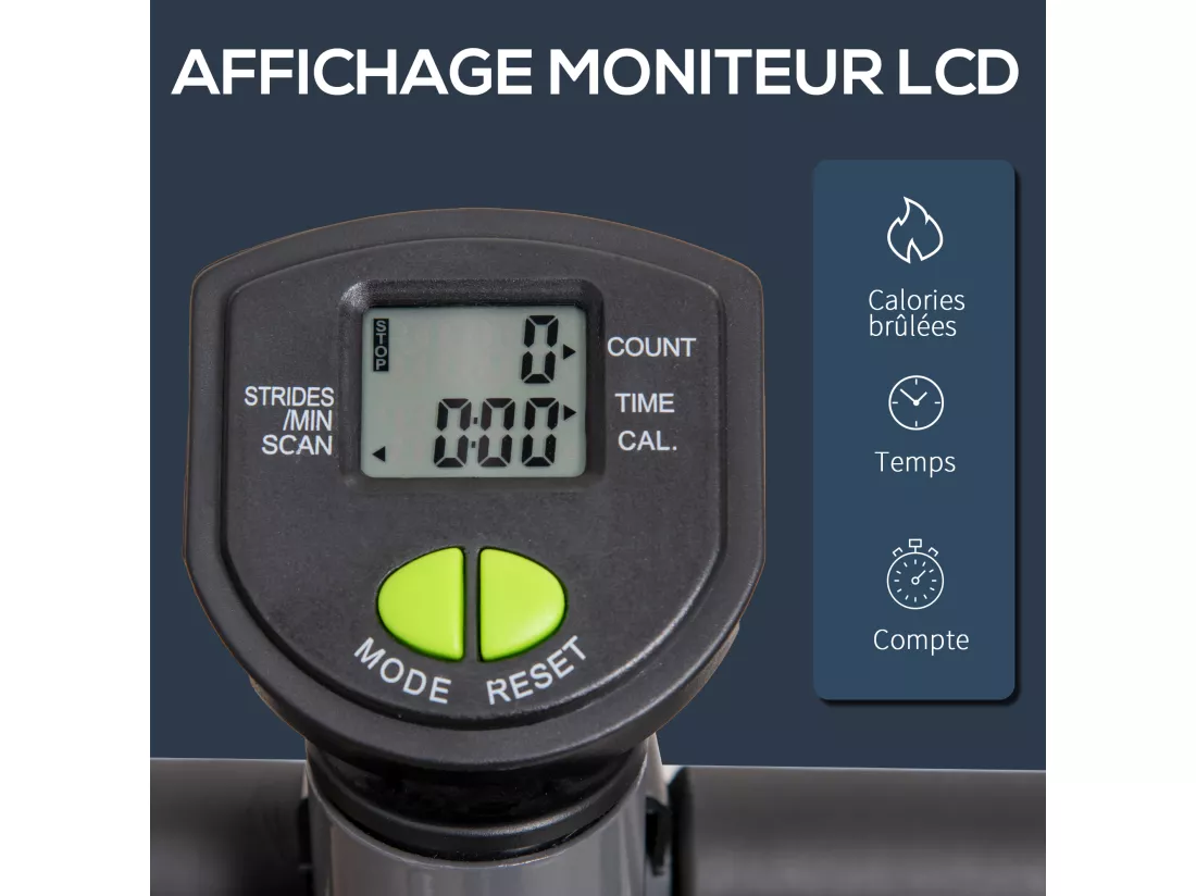 Stepper Fitness avec guidon ergonomique - écran LCD multifonction - résistance réglable - acier gris vert noir