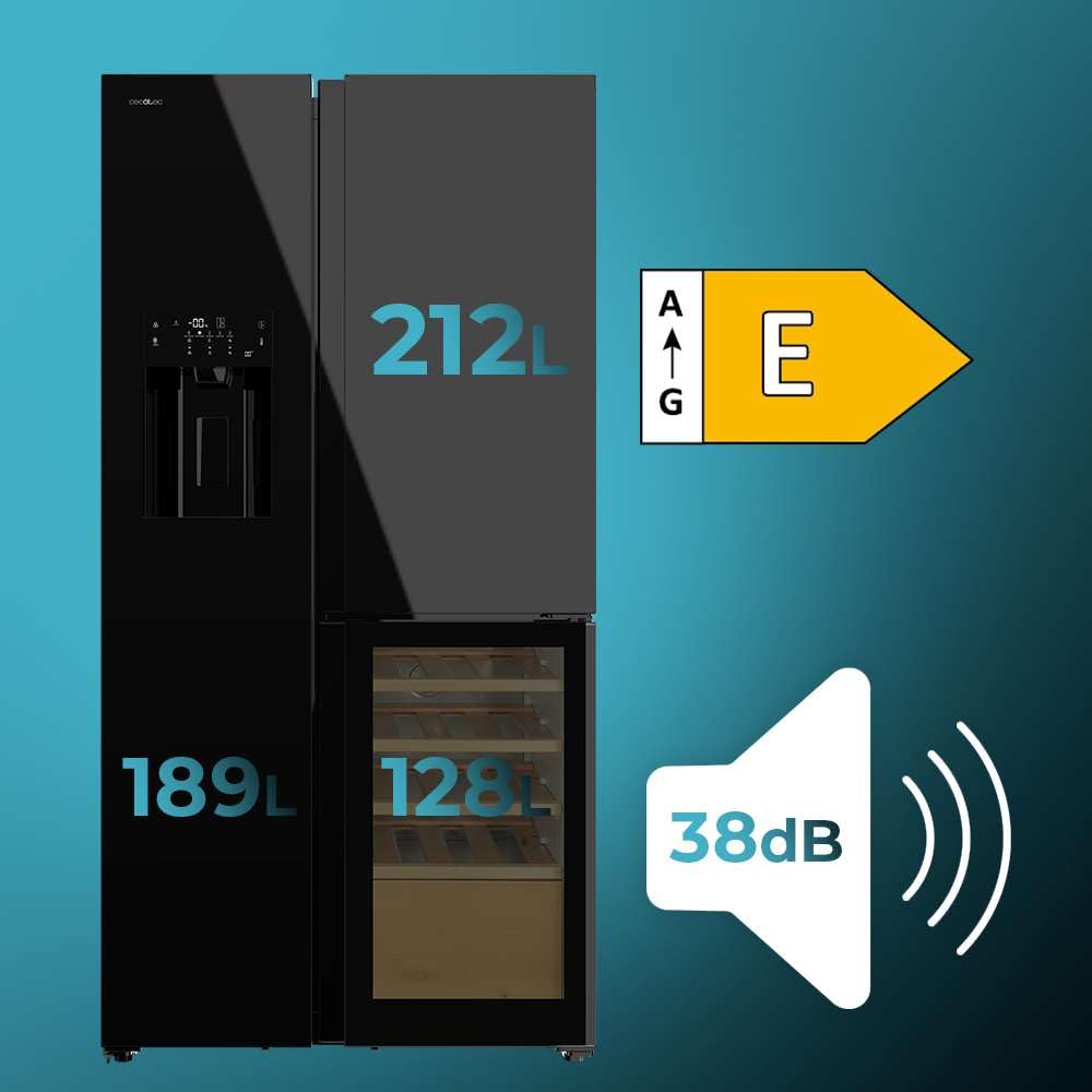 Cecotec Réfrigérateur avec 3 portes Bolero CoolMarket TDW 529 WID Black Glass E. Réfrigérateur 3 portes noir, cave à vin, 529L, Inverter Plus, Total N