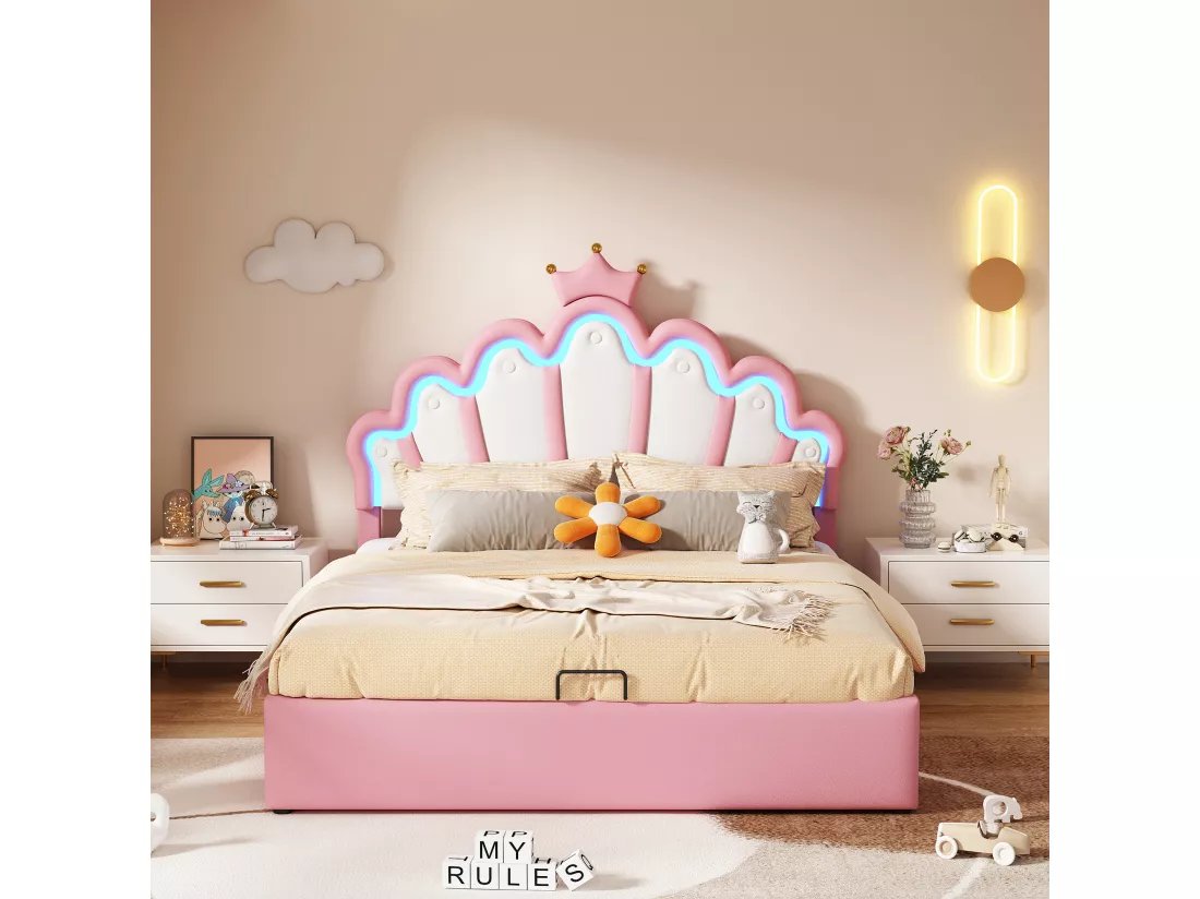 Lit coffre 140 x 200 cm en forme couronne - lit princesse - cuir PU - LEDs - Rose