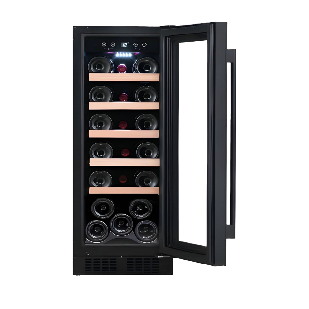 Cave à vin moyenne capacité, porte vitrée, étagères en bois, noir
