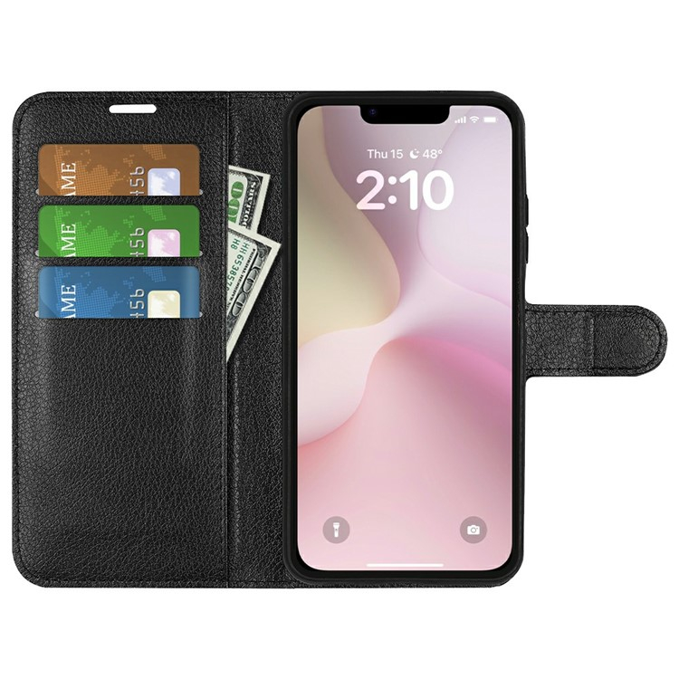 iPhone 16e Leder Tasche Flip Cover Litchi Look - Schwarz