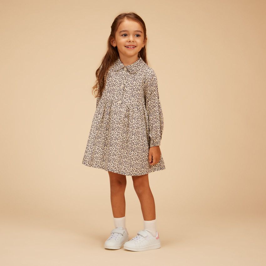 Robe chemise manches longues imprimé léopard pour bébé fille - Ecru