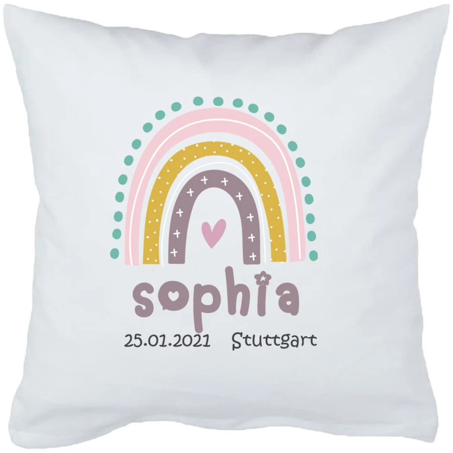 Schnullireich Babykissen mit Namen Rainbow (20 Zeichen) Weiß
