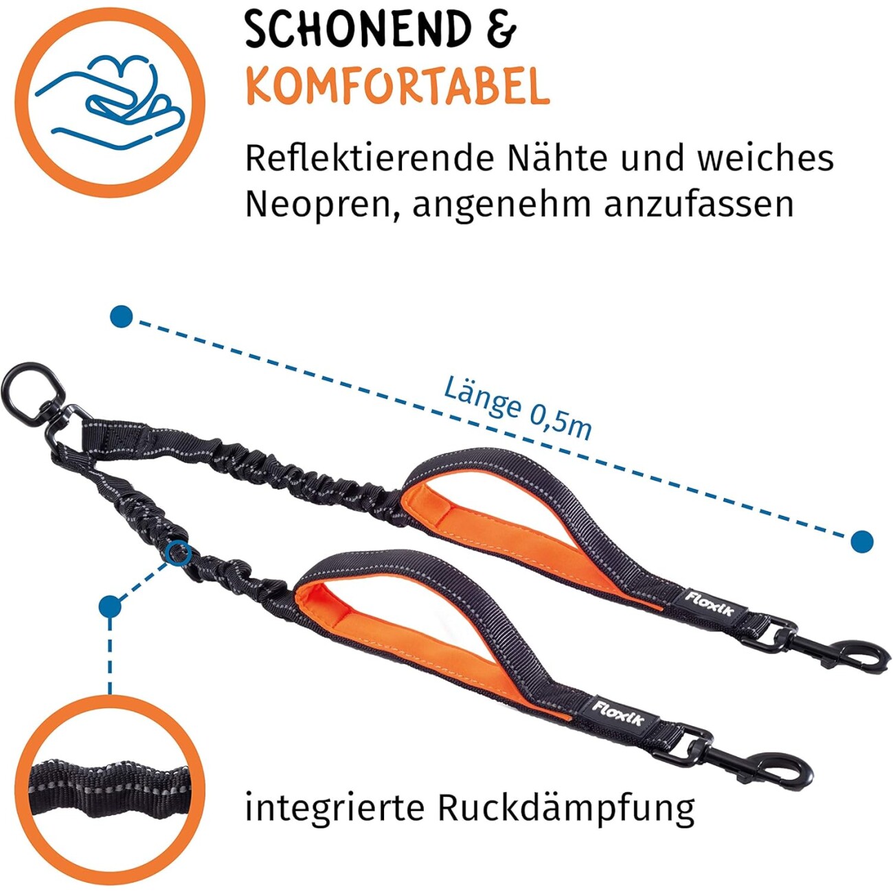 Floxik Doppelleine Komplett-Set - Flexible, reflektierende Hundeleine für zwei Hunde M
